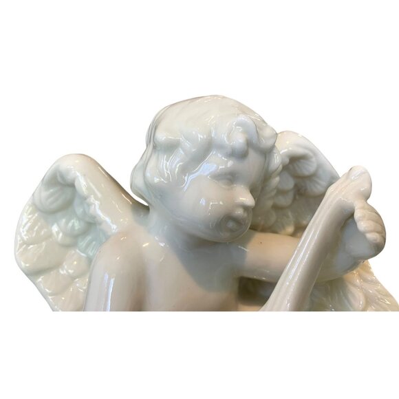 VTG Porcelain White Cherub Angel 24K Gold Sash Playing Harp Sculpture/ Figurine - Picture 13 of 14